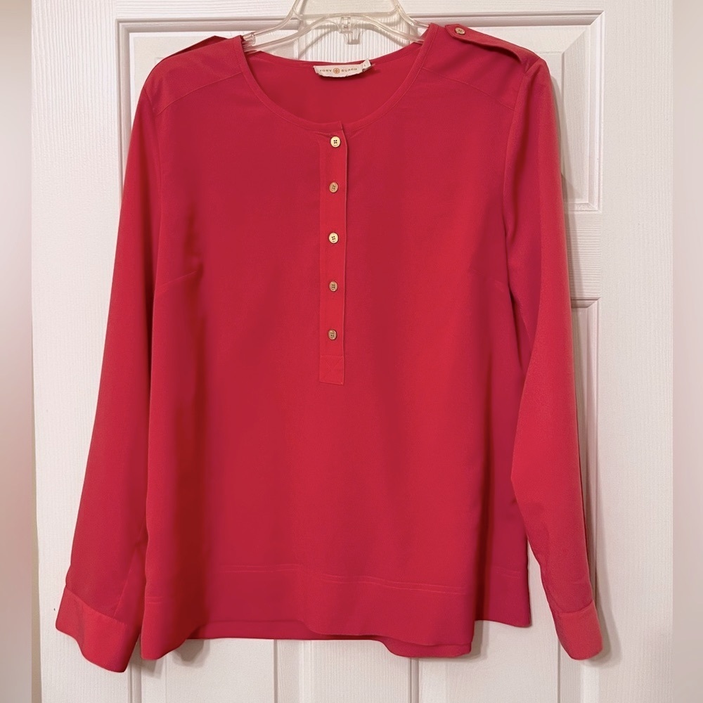 Tory Burch Amy Pink Button Front Long Sleeve Henley Blouse Shirt Size L NWOT